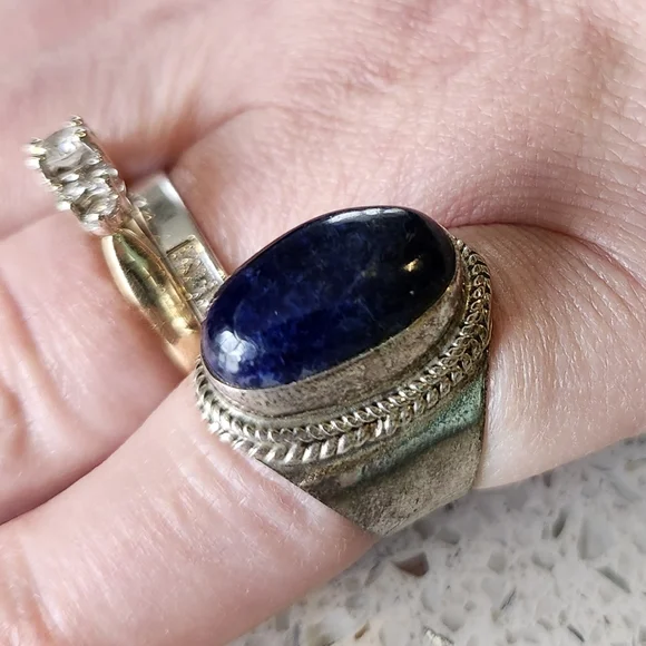 Vintage Sterling Silver Blue Semi Precious Stone Ring - Womens Size 6 - Picture 3 of 6